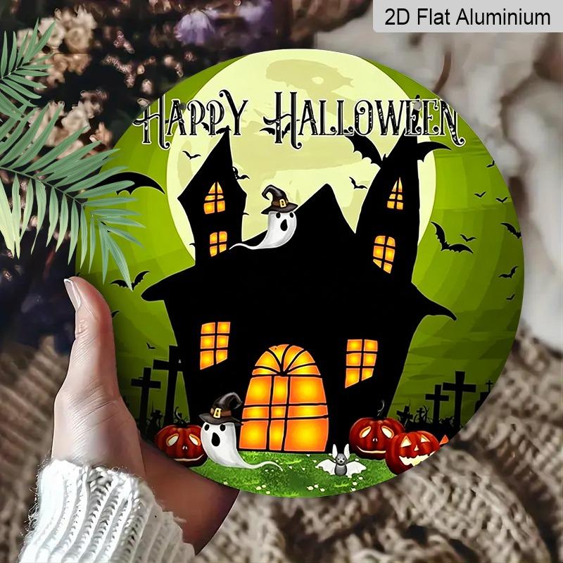 2D Flat Aluminum Decorative Plaques and Ornaments Sign, Halloween Hanging Wall Decor with Haunted Castle Ghost Pumpkin Design, Vintage Metal Sign for
