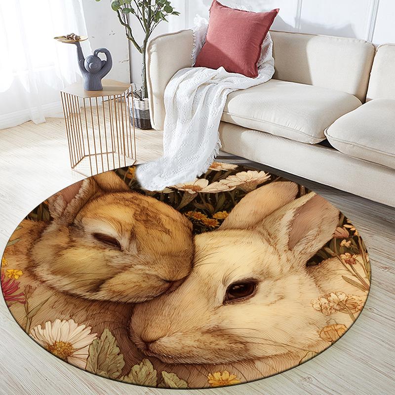 Rabbits in Flower Bush,Round Area Rug,Carpet Rug for Living Room Bedroom Sofa Playroom Decor,Non-slip Floor Mat
