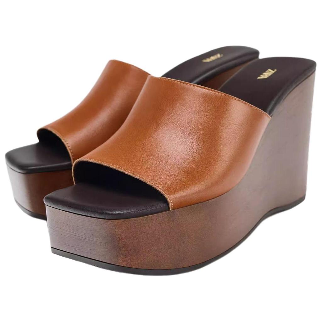 Zara Fashion Slip-On High Heel Leather Square Toe Wedge Sandals Women Sandals Brown 1319610105