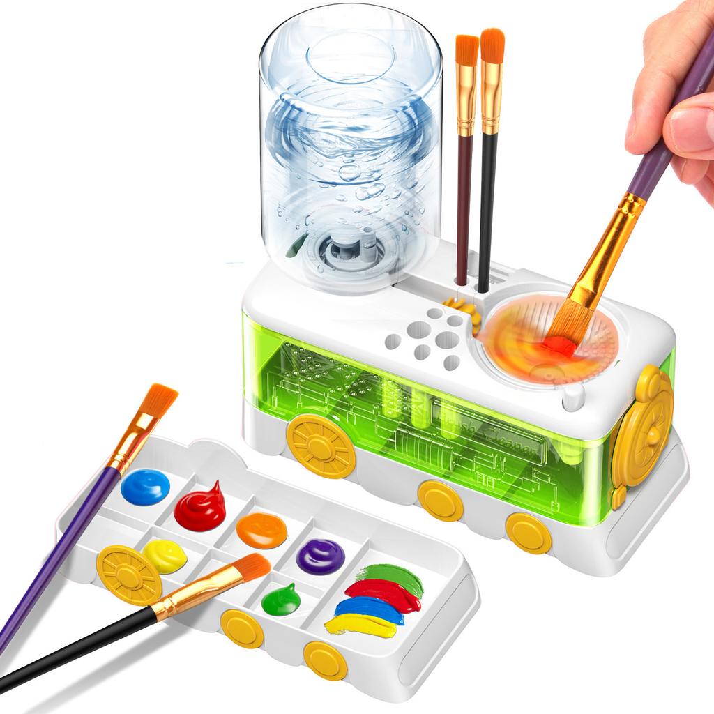 4-in-1 Train-Shaped Automatic Paint Brush Rinser with Water Circulation System, Detachable Palette & Brush Holder