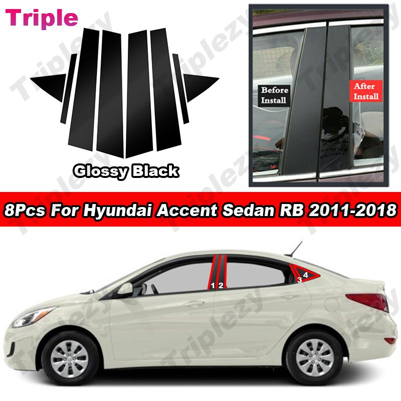 

8Pcs For Hyundai Accent Sedan RB 2011-2017 Glossy Black/Carbon Fiber B C Pillar Post Cover PC Material Car Door Trim Sticker Glossy Black