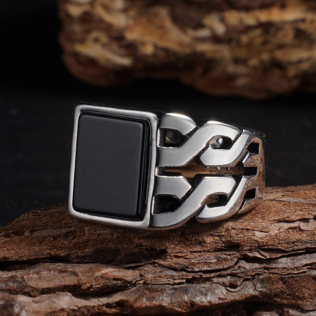 1pc Men's Vintage 316L Stainless Steel Ring with Natural Tiger's Eye Stone Turquoise- Intricate Detailing, Unisex Jewelry