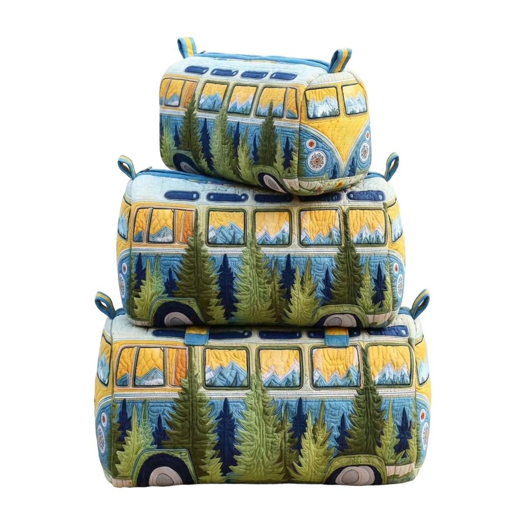 Quilted Multi Functional Storage Bag Set M Size with Floral and Nature Pattern Embroidery for Cosmetics and Accessories Organizer