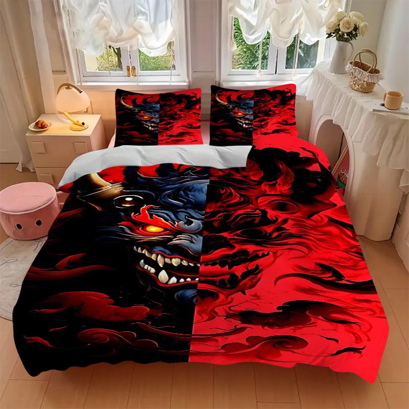 3Pcs Demon Mask Printed Bedding Set, Breathable And Soft, Machine Washable, Christmas Gift, Suitable for Bedroom Decoration, 15178