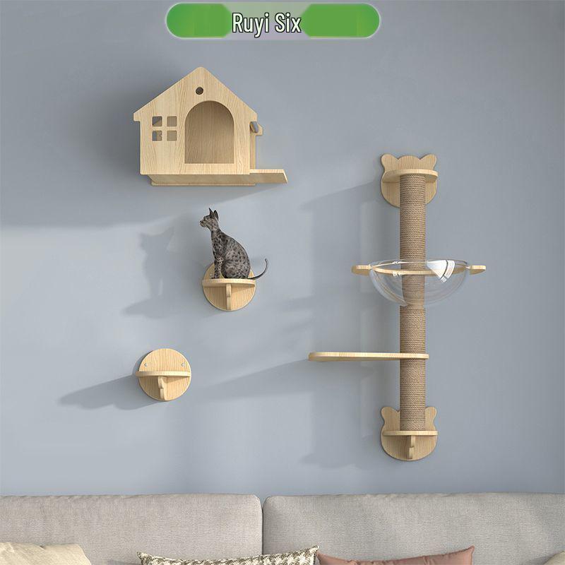 Wall-Mounted Solid Wood Cat Climbing Frame with Bed, Jumping Platform, and Scratching Post