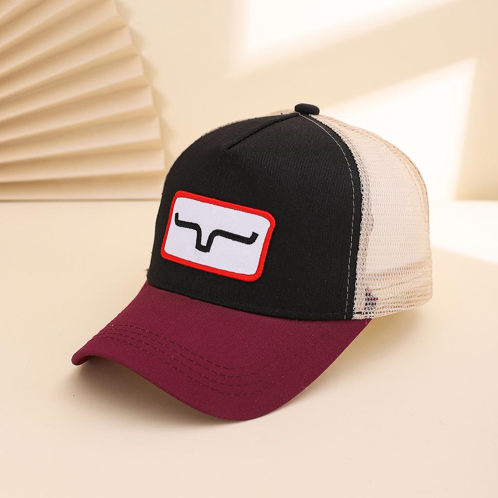 The color-blocked embroidered horn-shaped mesh cap is a fashionable and trendy baseball cap for daily leisure and outdoor sports