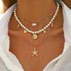 Holiday Travel Starfish Pendant Necklace Alloy Beads Shell Necklace Layered Choker Chain  for Women
