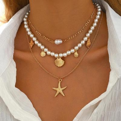 Beach Style Multi-layer Necklace Alloy Beads Layered Choker Chain Fashion Shell Necklace  for Women