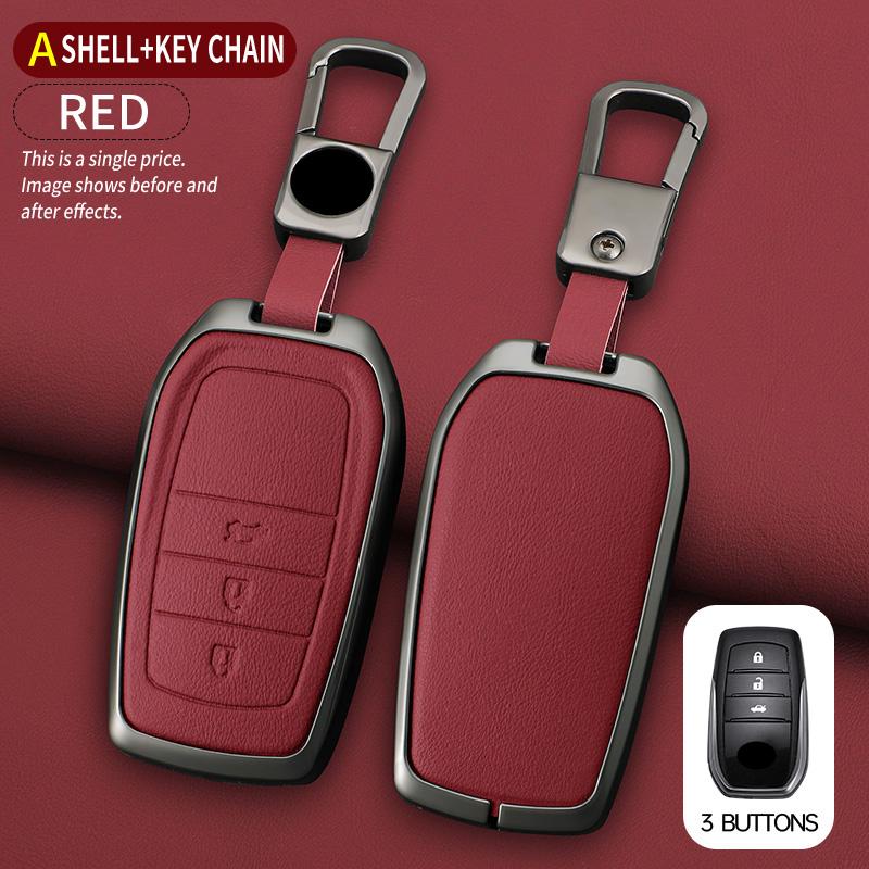 Car Zinc Alloy Leather Key Cases Holder Cover Chain For Toyota Prado Land Cruiser Camry CHR RAV4 3Buttons Protective Shell Bag