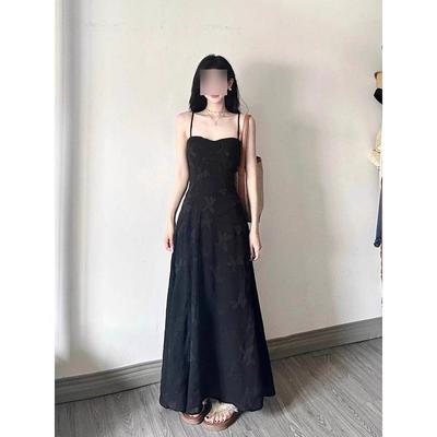 French Pure Desire Black Jacquard Suspender Dress Children Waist Temperament Advanced Sense Vacation Strap Long Dress Summer