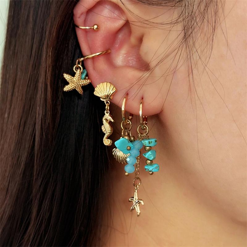 

5-6Pcs/Set Trendy Blue Irregular Stone Starfish Seahorse Dangle Earring For Women Ocean Style Turtle Conch Earring Beach Jewelry