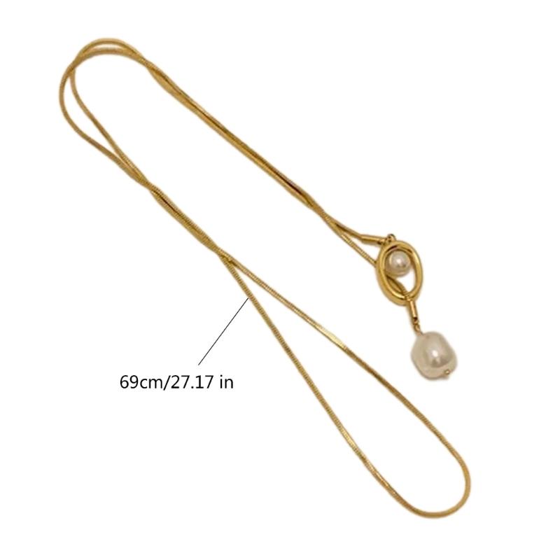 Sturdy Brass Adjustable Chain Baroque Pearls Pendant Long Necklace for Women's Fashion Sweater Chain Jewelry Accessory