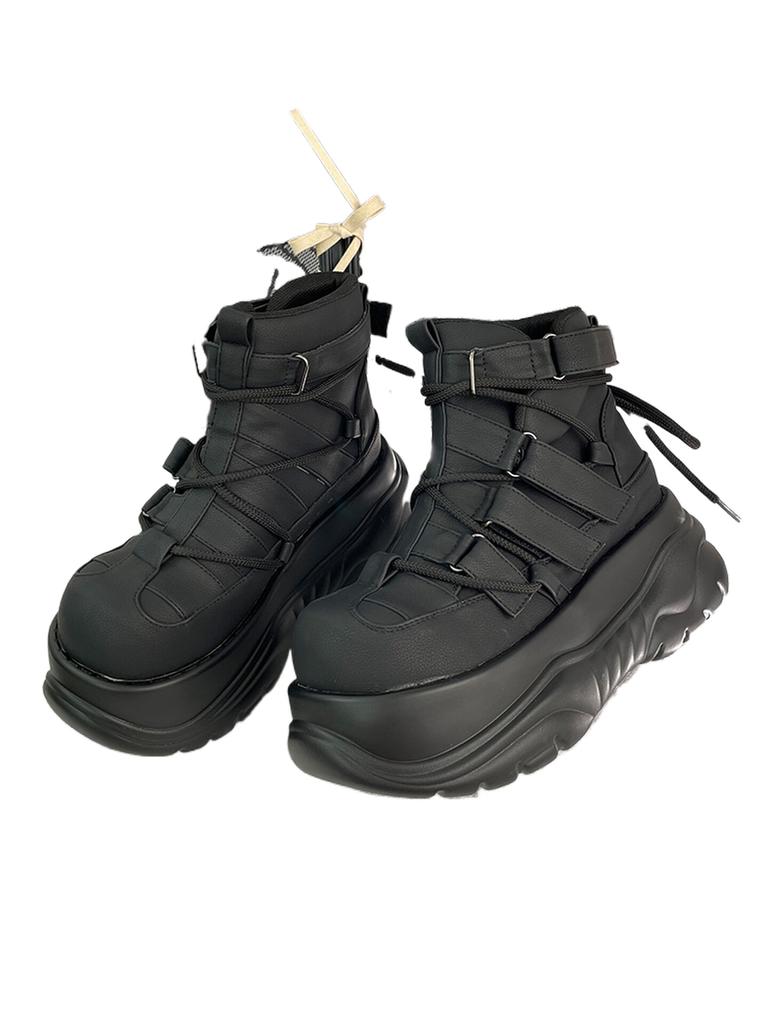 Goth Dark Punk Rock Muffin Women's Platform Shoes Black Matte Ankle Hook and Loop Side Buckle Strap-up Short Boots 7cm