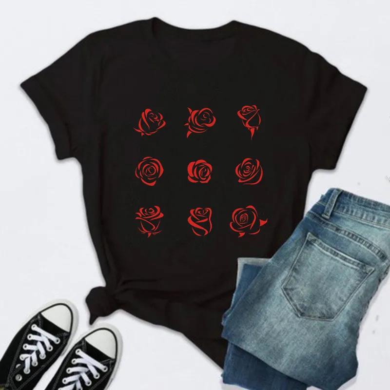 Women Rose Print Black T Shirt Female 2026 Valentine New Tshirt Fashion Short Sleeve Tee Tops Harjauku Cute Tshirt Graphic Y2K