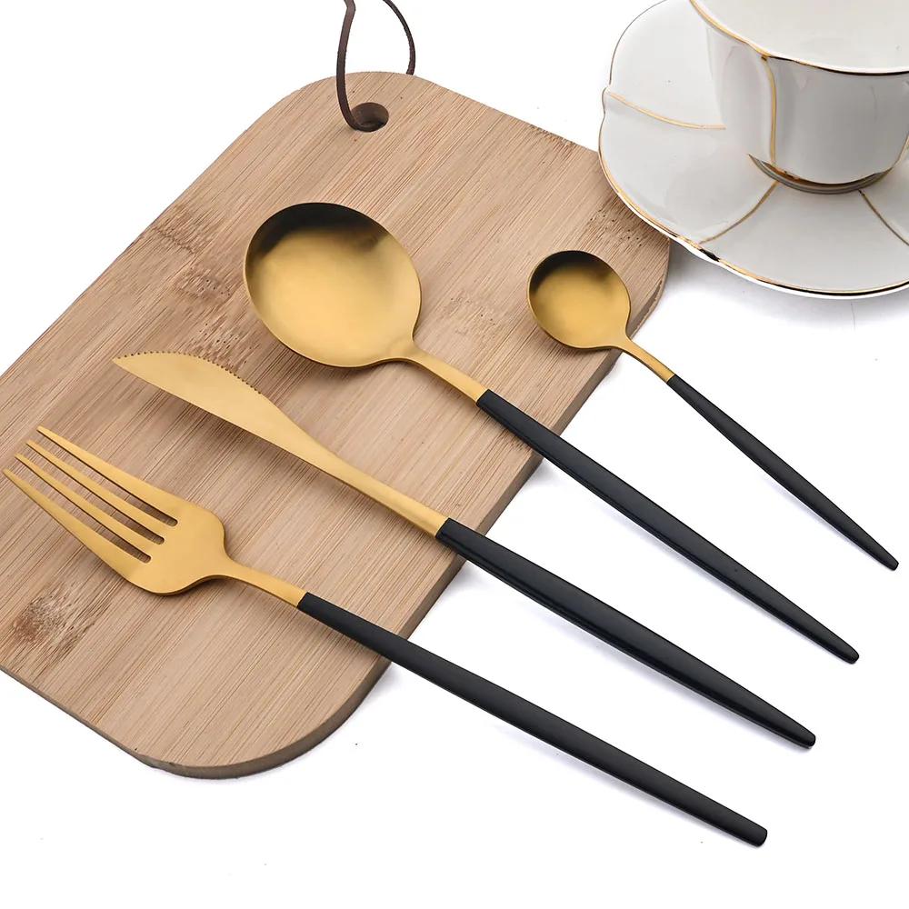 16Pcs Cutlery Set Black Gold Dinnerware Set Stainless Steel Matte Knife Fork Spoon Kitchen Silverware Flatware Tableware Set