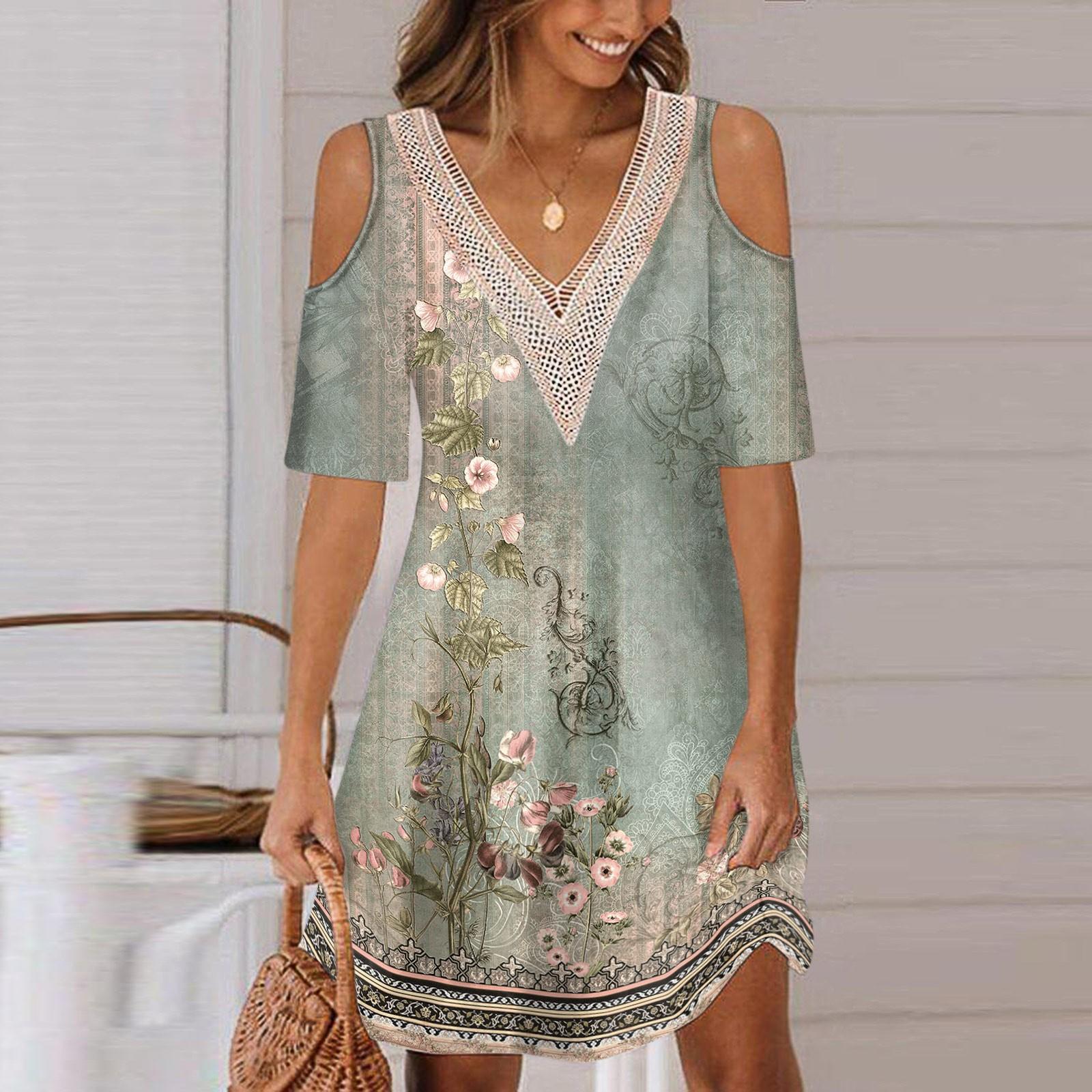 

Ladies Lace Stitching V Neck Strapless Dress Retro Gradient Floral Print Summer Printed Skirt Midi Dress XXXL зелёный