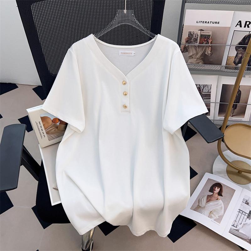 Women's Plus Size V-Neck Mid-Length Loose Fit Short-Sleeve T-Shirt (200-350 Jin)