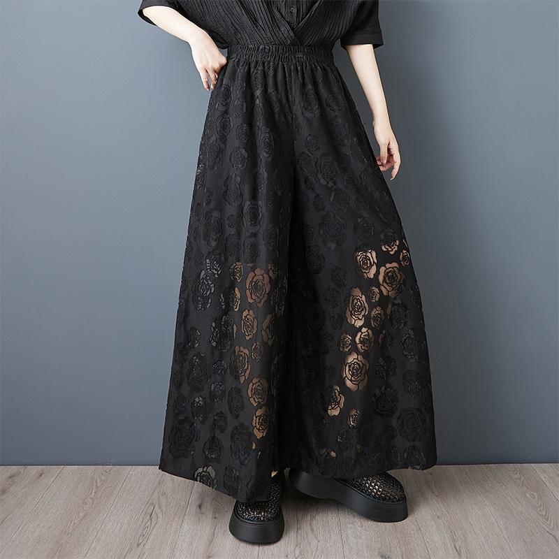 Black Plus Size Cotton Mesh Vintage Floral High Waist Casual Loose Summer Wide Leg Pants Women Trousers