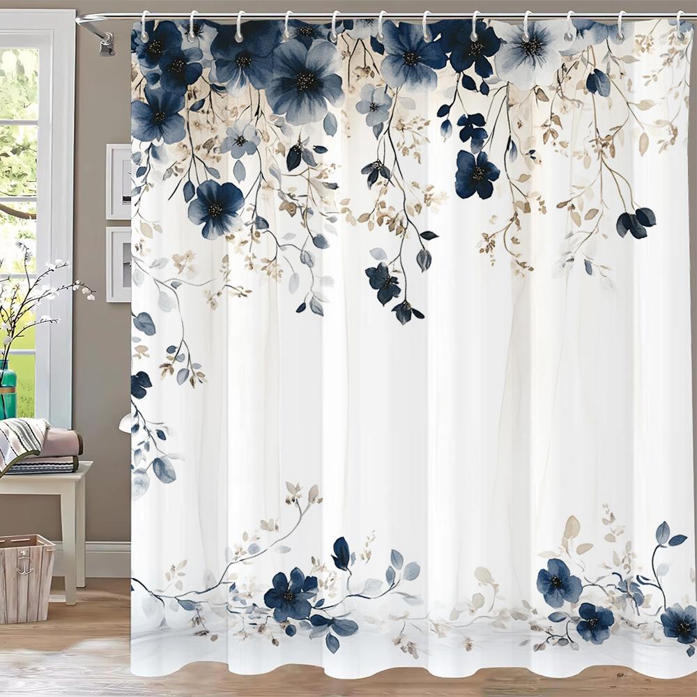 Beautiful Blue Flowers Shower Curtain, Bathroom Decorative Curtain, Printed Floral Polyester Home Curtain With Hooks