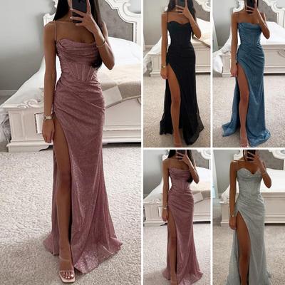 Women Evening Dress Spaghetti Strap Shiny Sequin Sleeveless Off Shoulder Low-cut High Split Loose High Waist Floor Length Lady Prom Dress