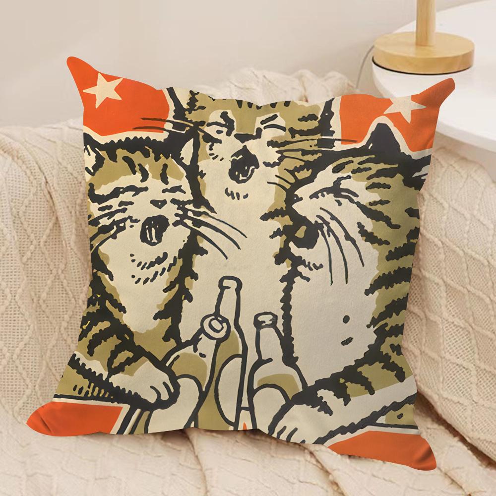 Artisian Drunk Cats Cushion Cover Silky Short Plush Invisible Zipper Dustproof Sofa Pillow Case for Home Decor