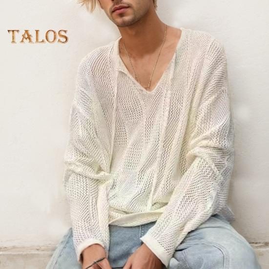 Pánský svetr podzim zima dutý elastická stahovací šňůrka dlouhý rukáv jednobarevný pletený pulovr top výstřih do V střední délka teplé pletené zboží