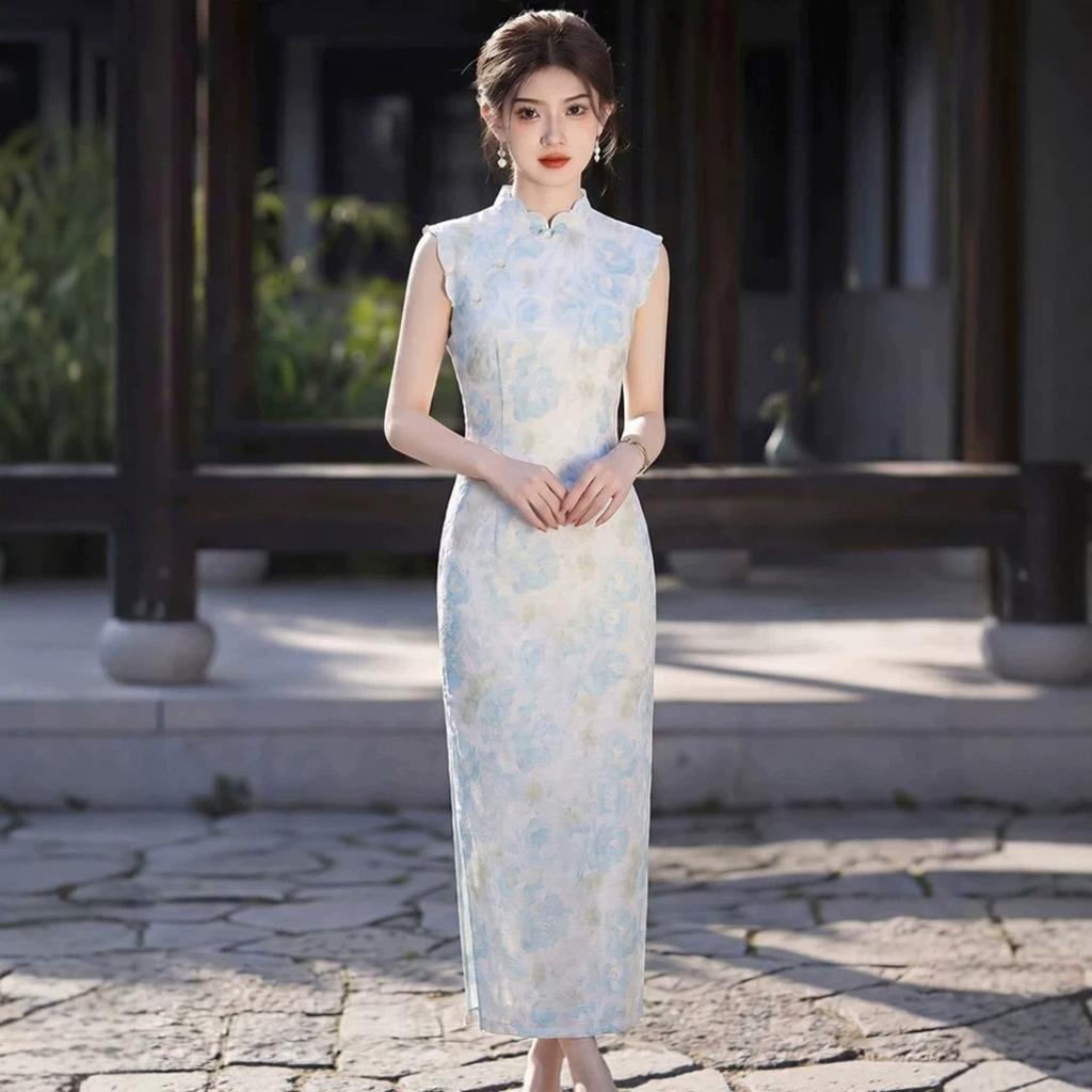 New Chinese style national style blue cheongsam 1011 new sleeveless young daily temperament thin waist long dress