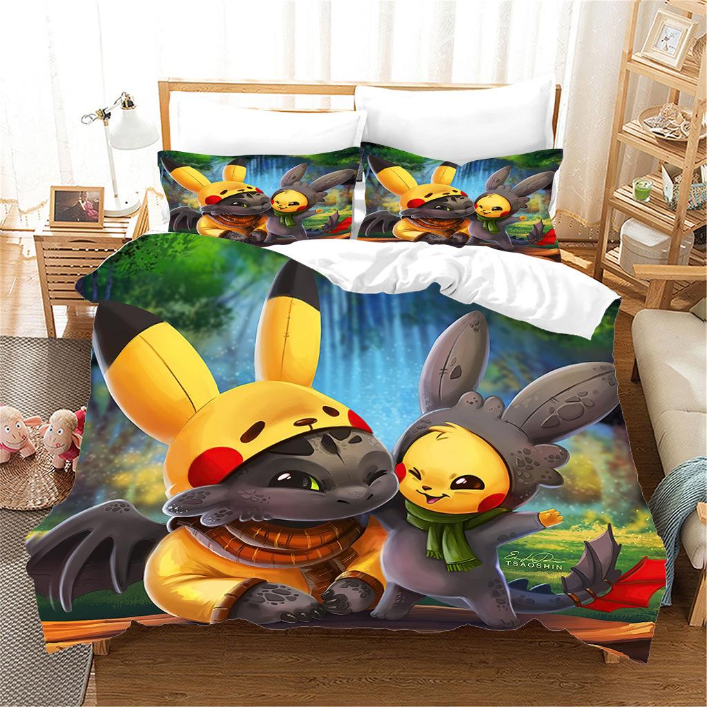 Anime P-Pokémon Printed Bedding Set New Ash Ketchum Pikachu Duvet Cover Comforter Pillowcase Boys Girls Children Adults King Gif