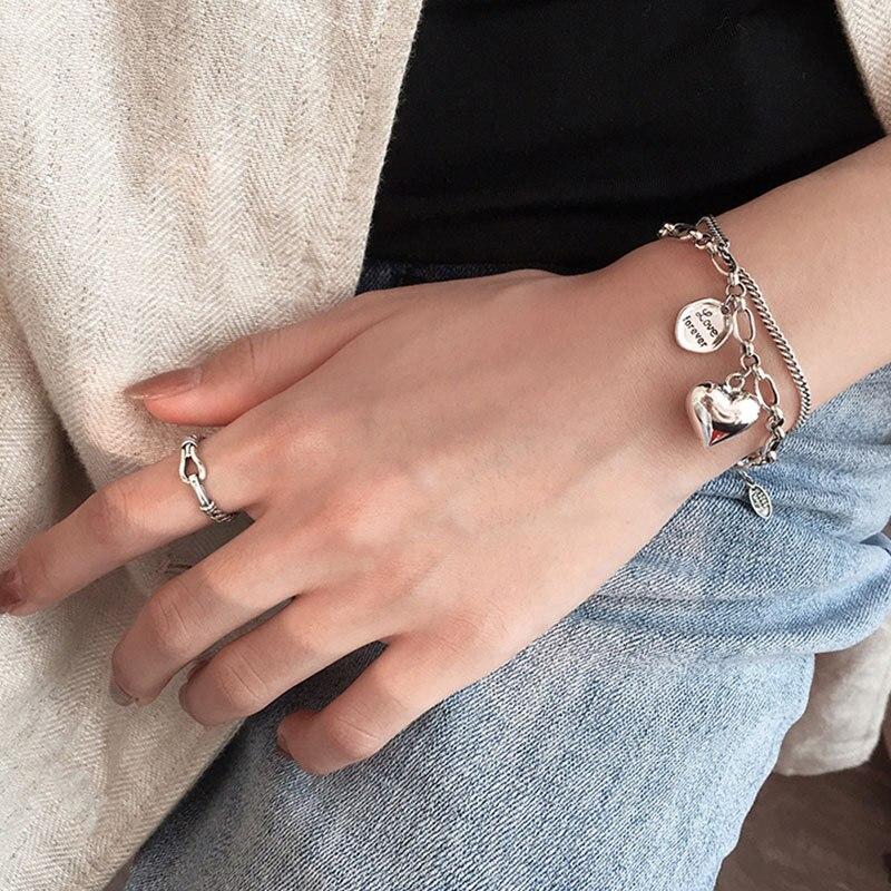Xiyanike 925 Sterling Silver Love Letter Heart Double Layer Bracelet Female Unique Design Thai Silver Retro Light Luxury Jewelry