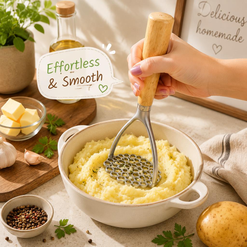 Aluminum Manual Potato Masher, Meat Potato Press Tool, Mixer, Food Cutter, Grinder, Wooden Handle Garlic Pusher, Kitchen Utensil