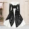 Women Plus Size V Neck Long Sleeve Black White Printed A Line Flared Dress With Belt