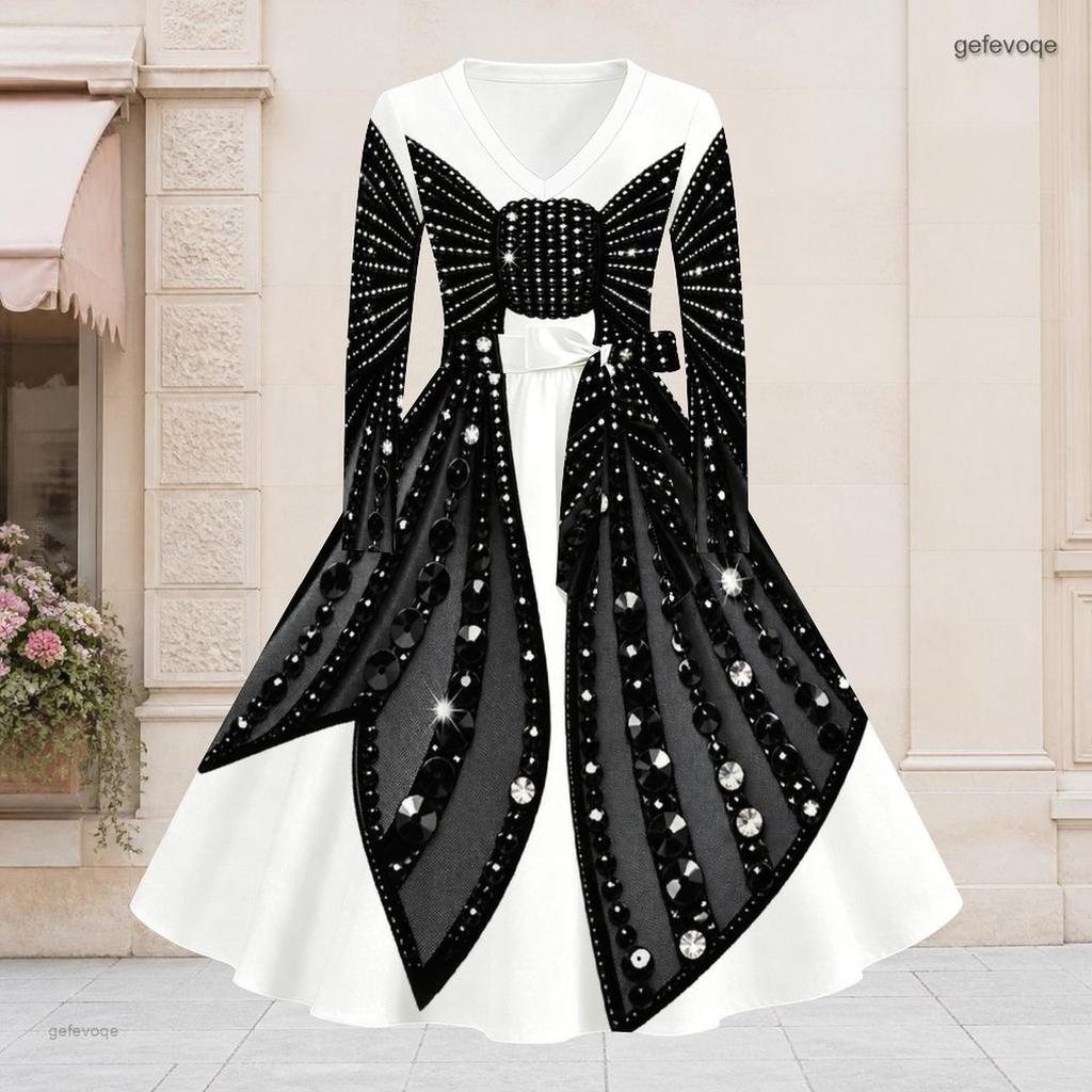 Women Plus Size V Neck Long Sleeve Black White Printed A Line Flared Dress With Belt