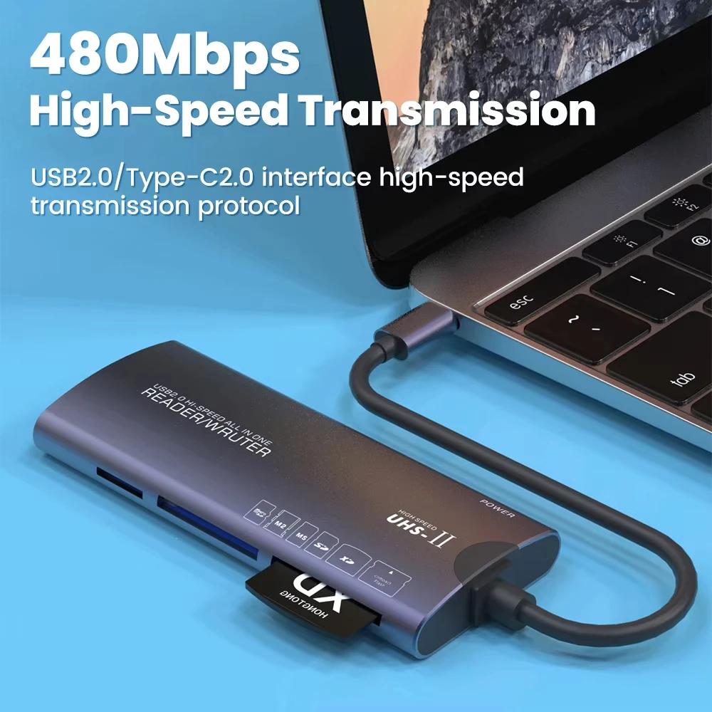 6 In 1 Card Reader SD TF XD CF M2 Memory Card Reader USB Adapter Type C High Speed Data Transfer Cardreader For Laptop