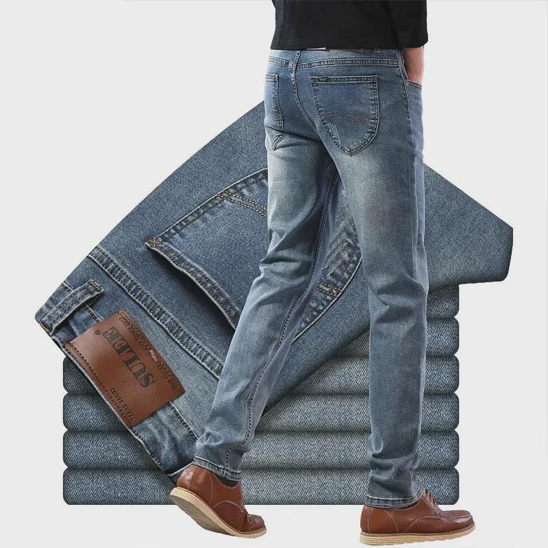 Su Lee Men's Loose Straight Jeans: Elastic, Nostalgic, Casual Pants for Young and Middle-aged