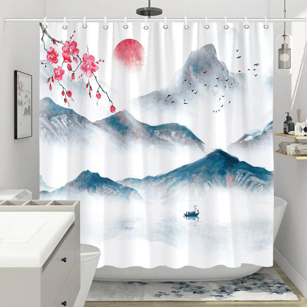 Shower Curtain Red Plum Blossom Branch Japanese Chinese Oriental Sun Misty Mountains Ink Nature Landscape Bathroom Curtains