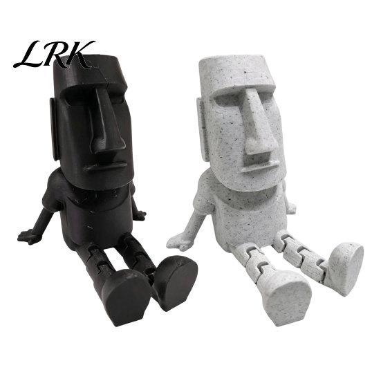 Stone Gray Figurine 3D Printed Moai Statue Action Figure, Movable Joints Articulated Easter Island Industrial Style Decor Rock Sculpture, Mini