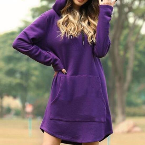 Plus Size Women Casual Long Sleeve Pocket Drawstring Loose Hoodie Mini Dress