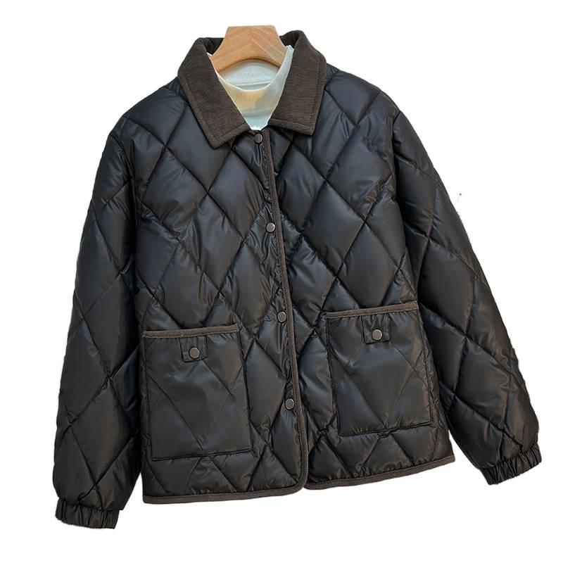  Winter New Diamond Pattern Cotton Jacket Short Loose Turn-Down Collar Cotton Coat Korean Version Women's Outerwear