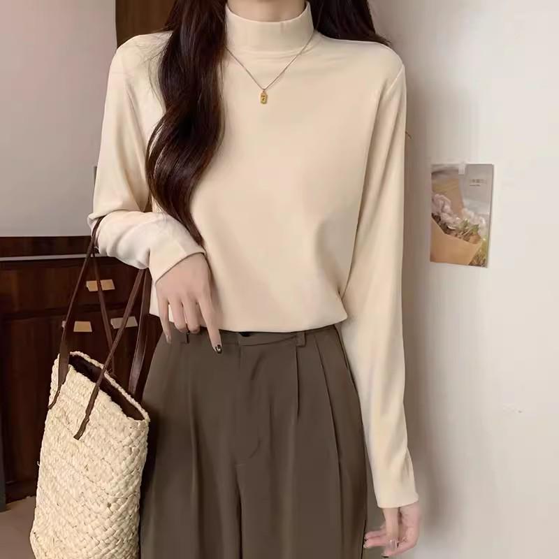 Velvet Semi-High Neck Long Sleeve Women's Modal Base Layer T-Shirt - Slimming White Autumn/Winter Fashion Top