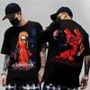 Neon Genesis Evangelion Vintage Doppelseitiger Print T-Shirt, Unisex Anime Streetwear Tee, 100% Baumwolle Locker Lässiges Oberteil
