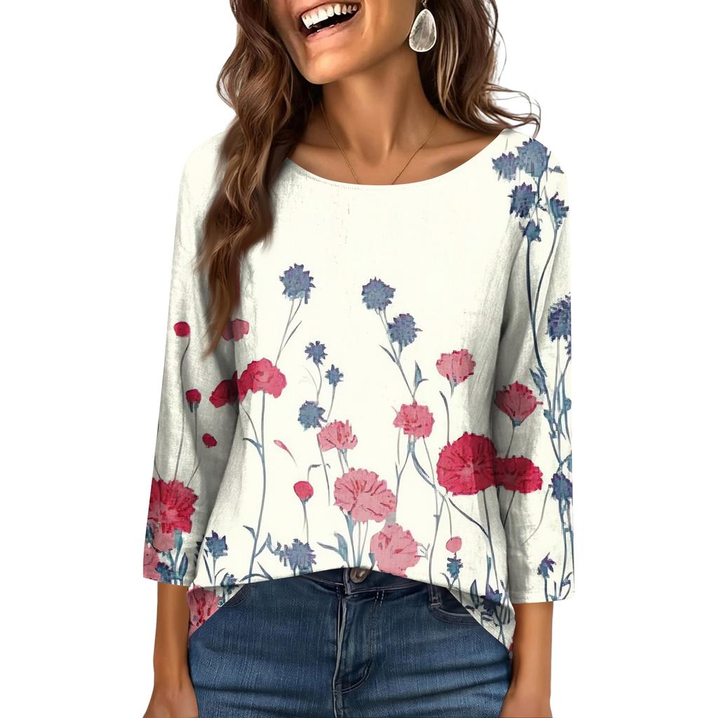 Women's Fashionable Casual Round Neck  3/4 Sleeve  Printed T-Shirt Top