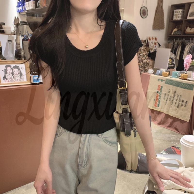 Spring/Summer Korean Style Simple U-neck Ribbed Ice Silk Knit Top One Size