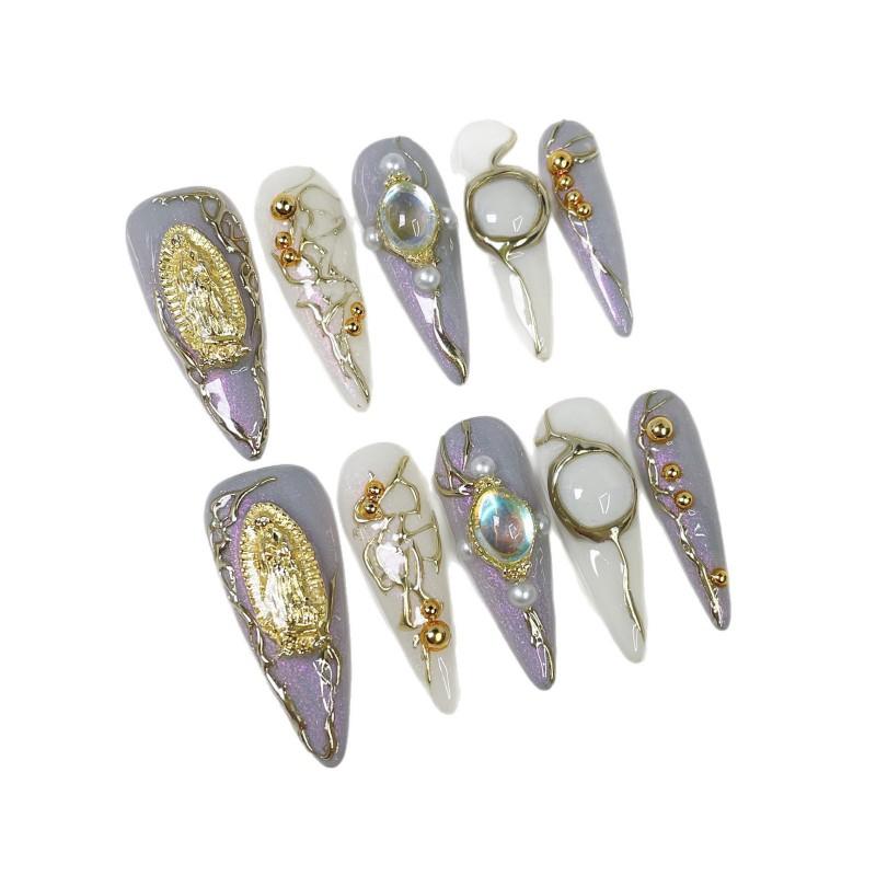 3D Embossed Luxury Palace Style Press-On Nails Long Pointed Sweet Edgy Acrylic Nail Tips Women