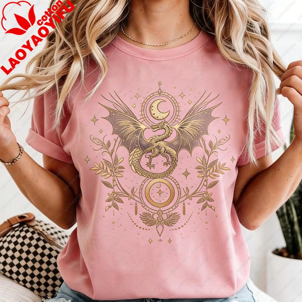 Celestial Dragon Moon Phase TShirt Witchy Boho Floral Tee Gothic Style Unisex Fashion Casual Tshirt Retro Design Printed Tops