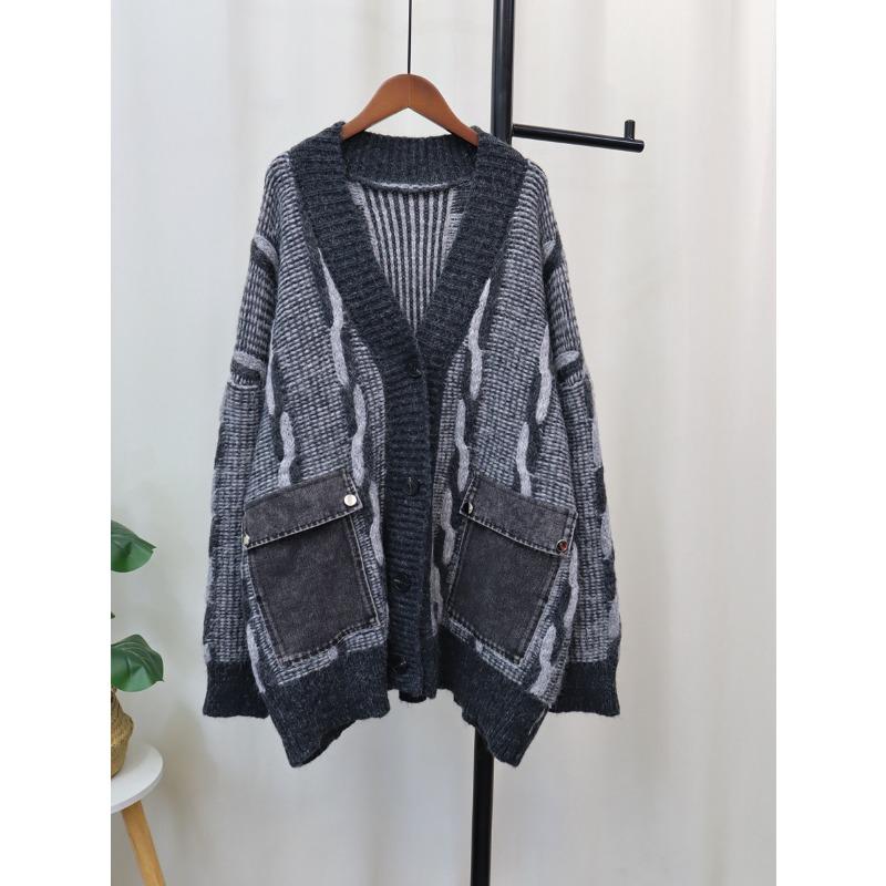 Autumn and Winter Splicing Pocket Denim Knitted Cardigan Women's Loose Lazy Style Versatile Sweater Jacket Thick