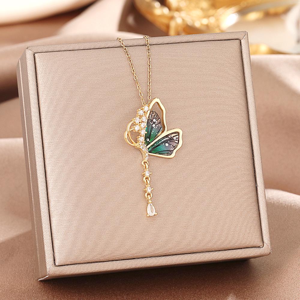 Women's Butterfly Titanium Necklace: Micro-Inlaid Diamonds, Exquisite Luxury, Non-Fading Design