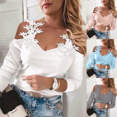 Frauen Mode V-ausschnitt Spitze Patchwork Kalten Schulter T-shirt Beiläufige Dünne Elastische Lange Ärmel Grundlegende Top Dame Sexy Pullover tees