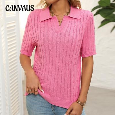 Maglione lavorato a maglia con scollo a V e risvolto a maniche corte, nuovo da donna, estivo