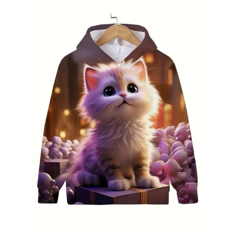 

Повседневные толстовки с капюшоном для девочек с цветным 3D-узором и принтом плюшевого котенка, свободные толстовки с длинными рукавами, удобные топы для вечеринок на все сезоны 120cm