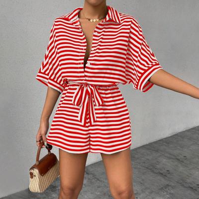 Summer Women Romper Striped Contrast Color Lace-up Elastic Waist One-piece Outfit Short Sleeves Turn-down Collar Half Single-breasted Short Jumpsuit